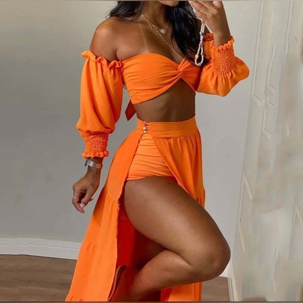 Vibrant Tropical Three Piece Set Crop Top Maxi Skirt and Shorts Vacation Set - Picture 2 of 4